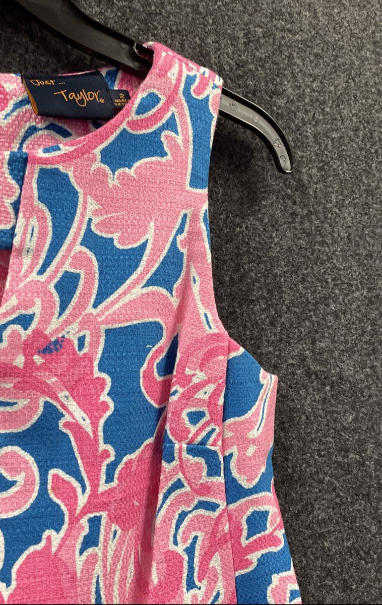 Just Taylor Women's Pink Blue Floral Print Sleeveless Cotton Shift Dress Size 2