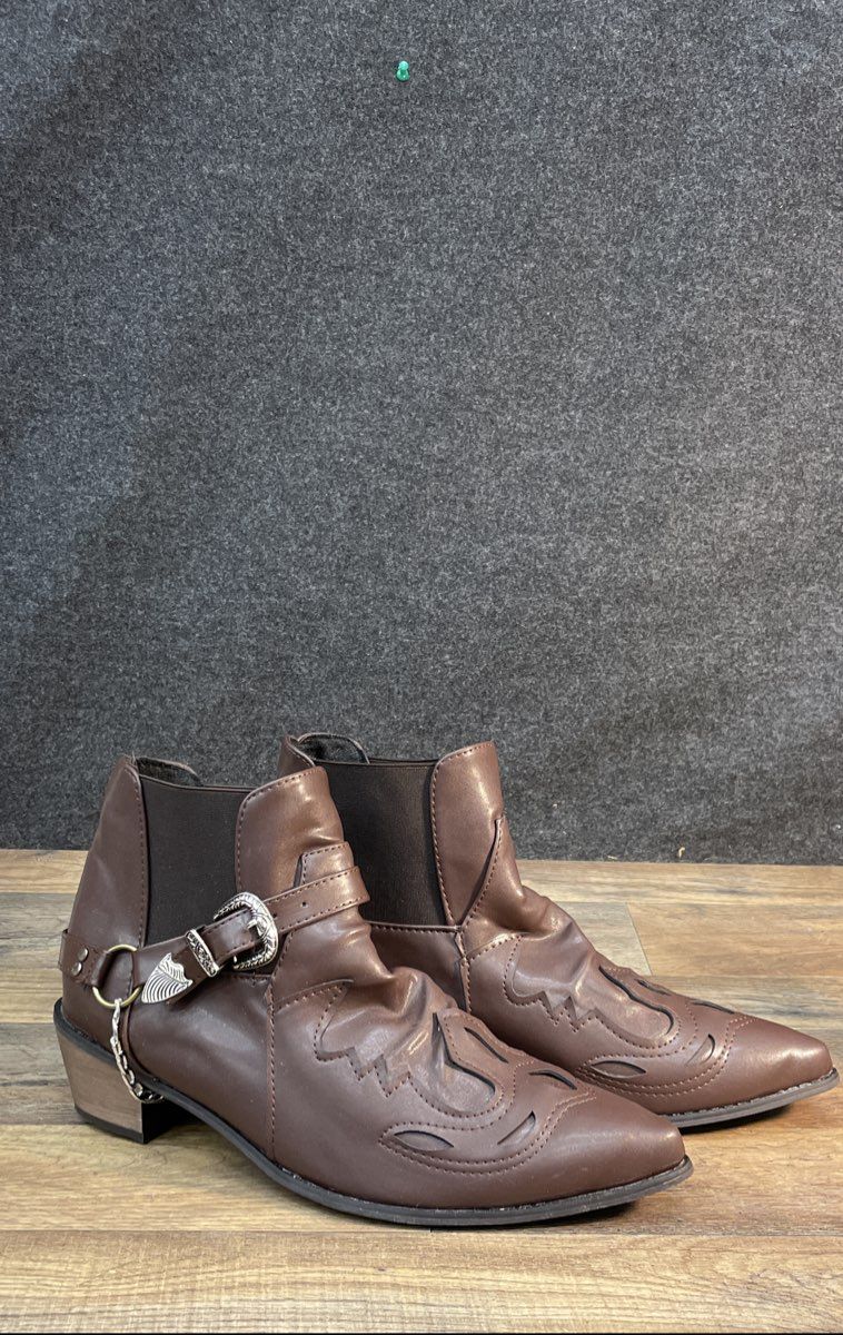 Western Pointed Toe Brown Ankle Boots Removable Harness Chain Size EU 48