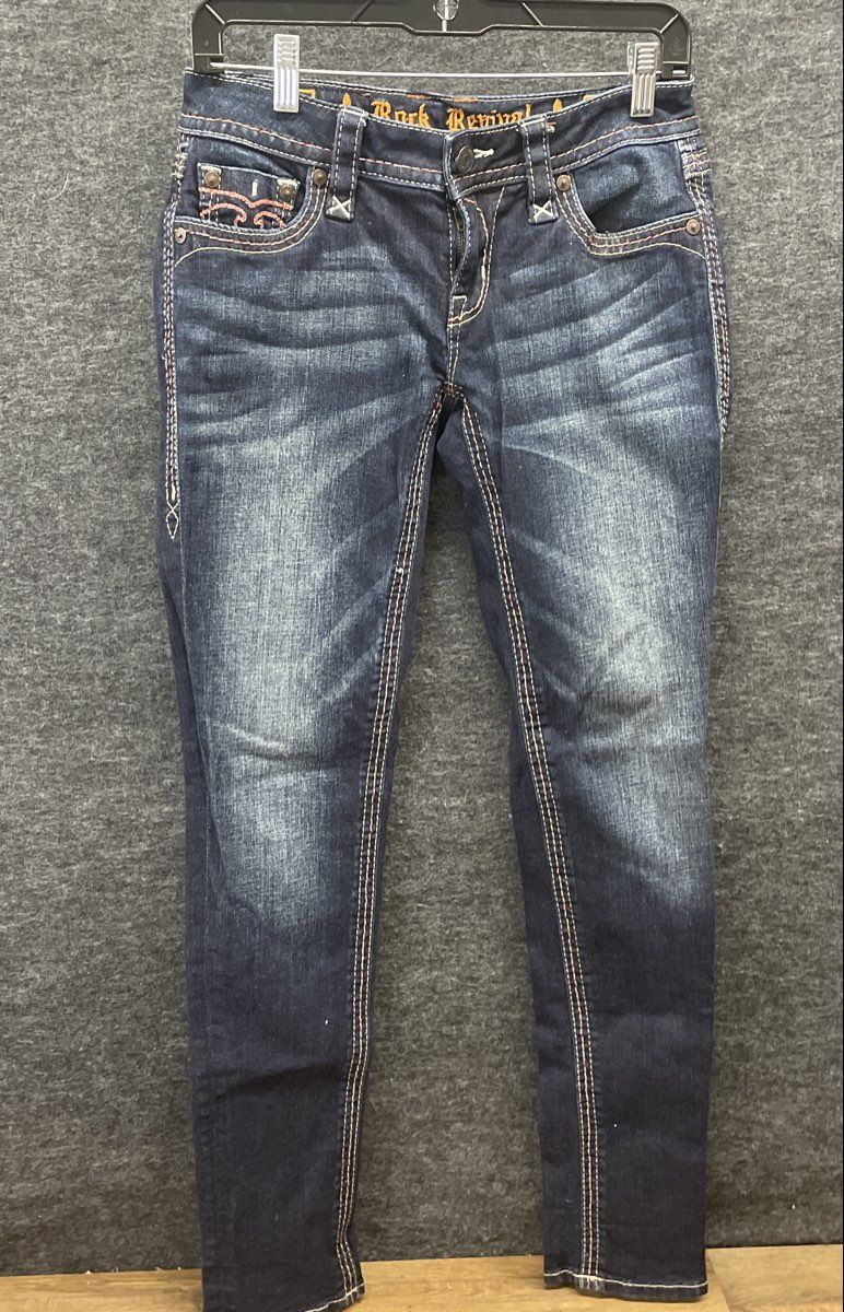 Rock Revival Women's Alivia Skinny Dark Blue Denim Jeans Flap Pocket Sz 27
