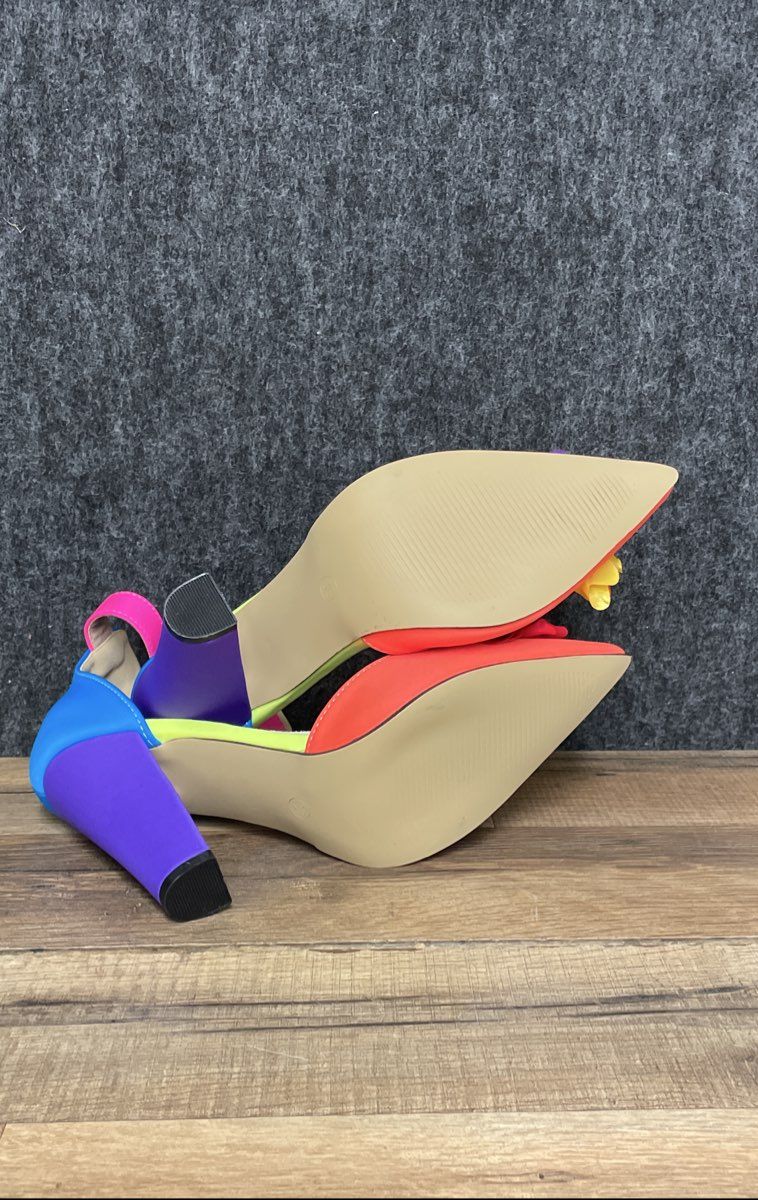 Temu Floral Pointed-Toe Chunky Heel Sandals Rainbow Multi-Color Size 38 EU 7.5