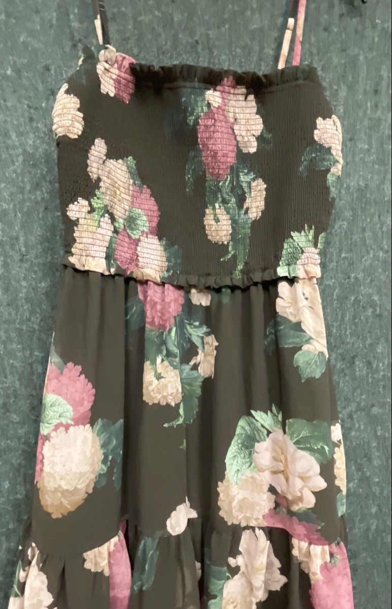 Wilfred Women's Dark Brown Floral Smocked Spaghetti Strap Ruffle Mini Dress Sz S