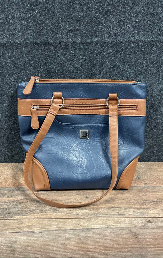 Stone Mountain Navy Blue Pebble Grain Faux Leather Tote Bag Brown Trim