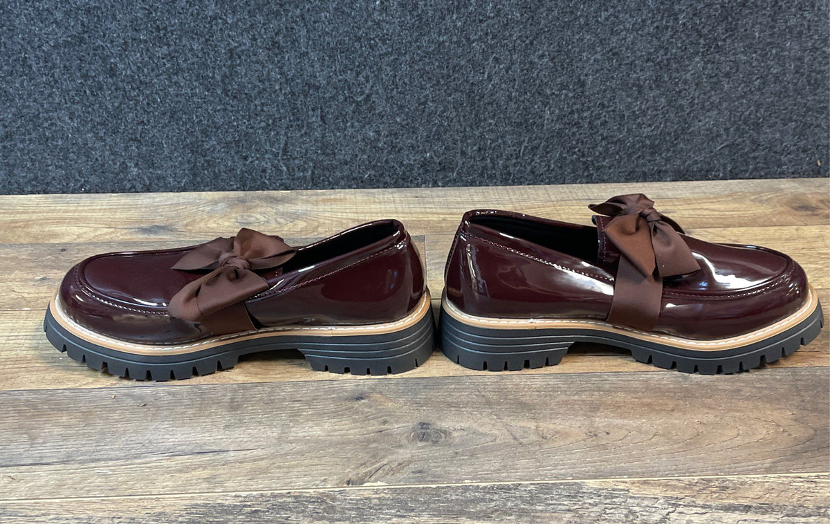 Burgundy Patent Leather Bow Chunky Lug Sole Platform Loafers Shoes Size 42