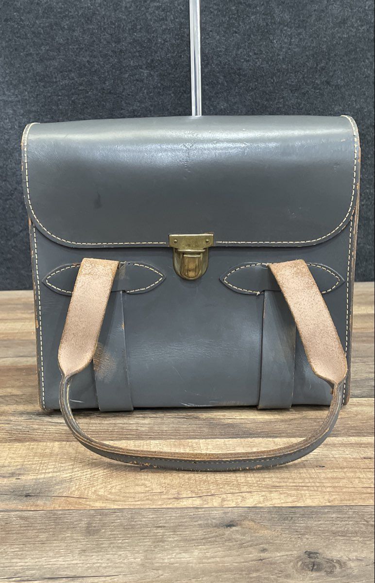 Vintage HOMA Grey Leather Structured Tote Bag Handbag Brass Hardware
