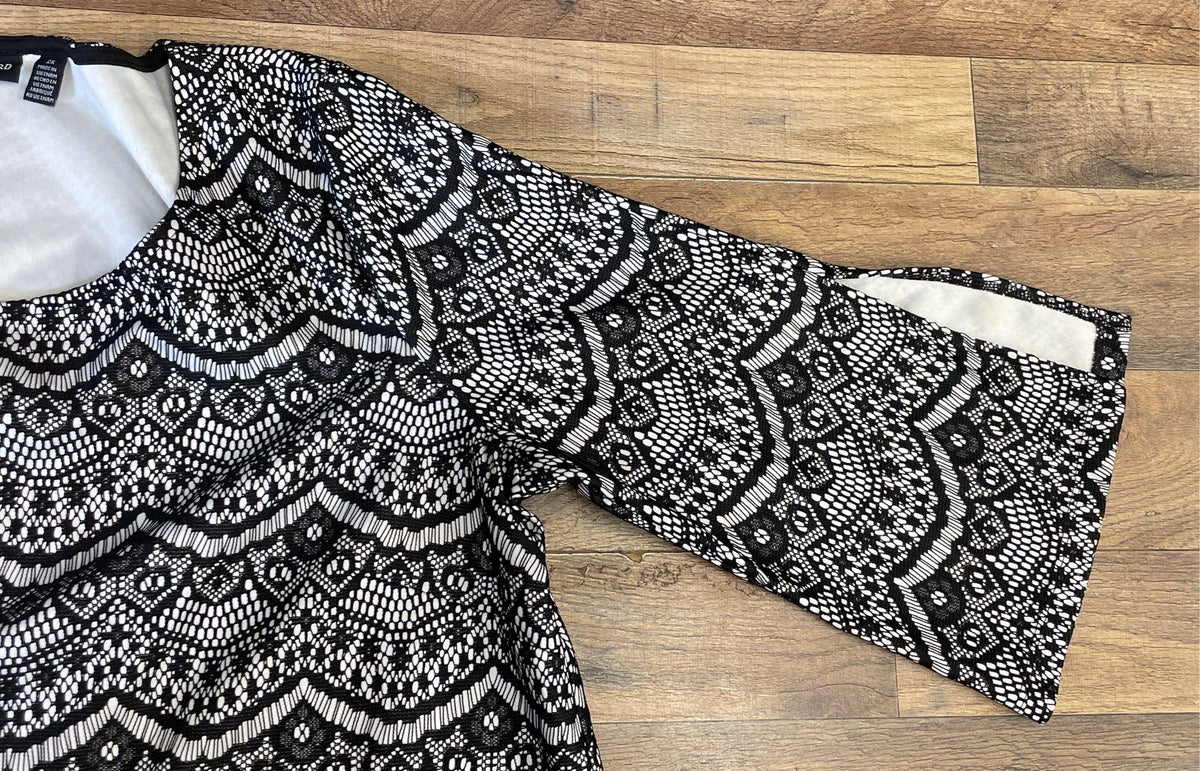 Nina Leonard Women's Black & White Lace Print Scalloped Dress Sz 2X
