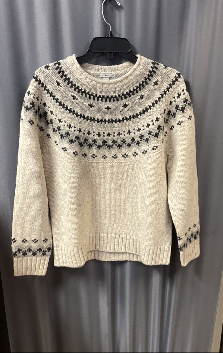 L.L. Bean Women's Fair Isle Lambswool Nordic Knit Sweater Cream Gray Sz M PET