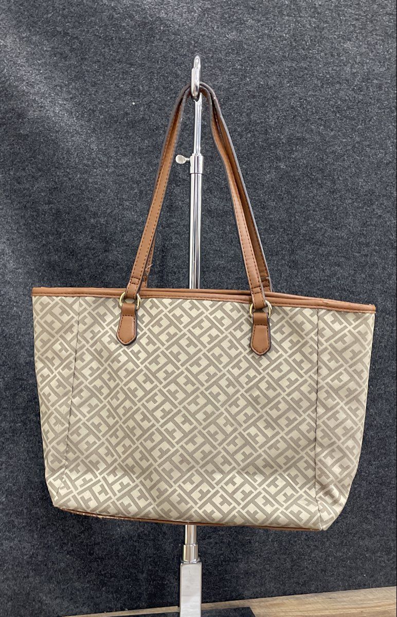Tommy Hilfiger Grey Leather Monogram Tote Bag Red White Blue Stripe
