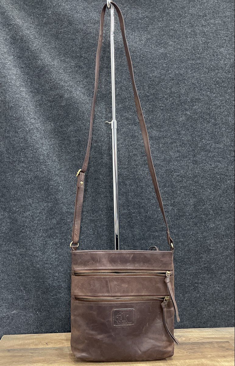 Oak Leathers Brown Distressed Leather Multi-Zip Crossbody Bag Brass Hardware