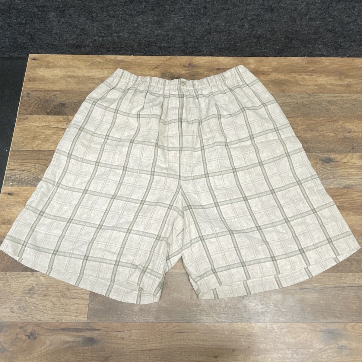 Vintage 90s Collaborations Women's Plaid Flax Blend Shorts Tan Green Sz 20 USA