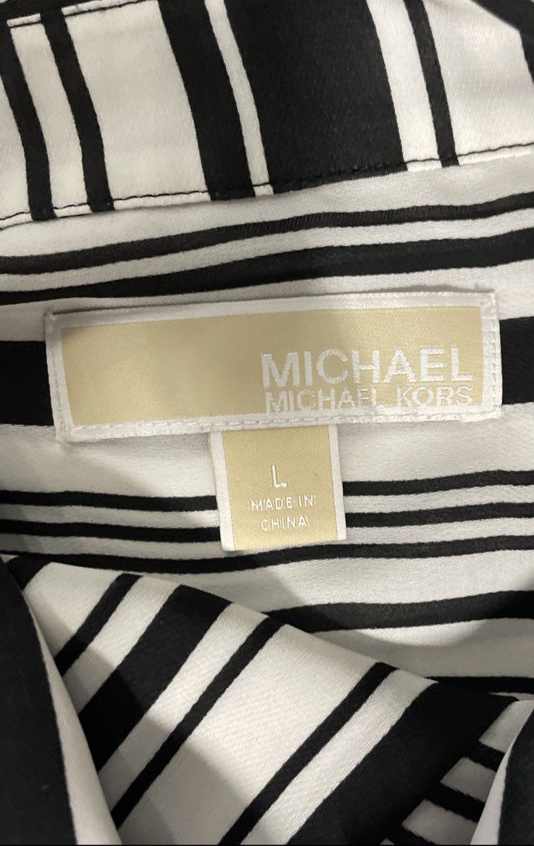Michael Kors Women's Black White Striped Roll Tab Sleeve Blouse Size L