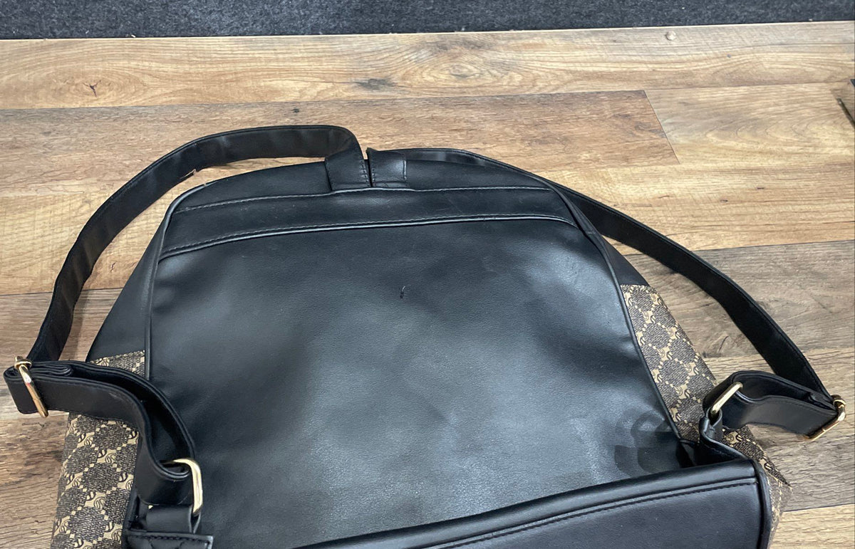 Unbranded Brown Black Leather Multi-Pocket Backpack Bag Gold Hardware