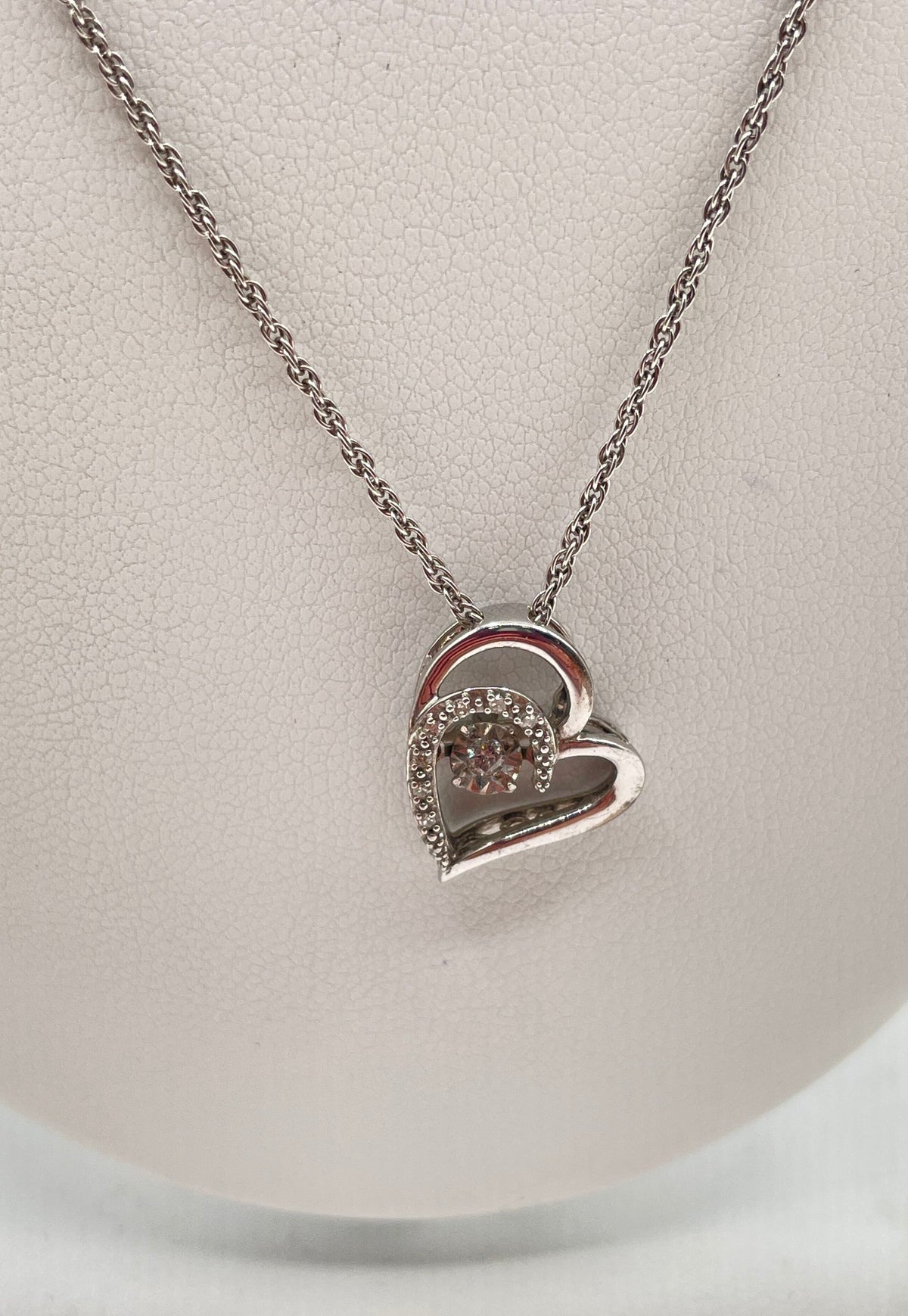 925 Sterling Silver Dancing Diamond Accent Double-Heart Necklace 3.3g