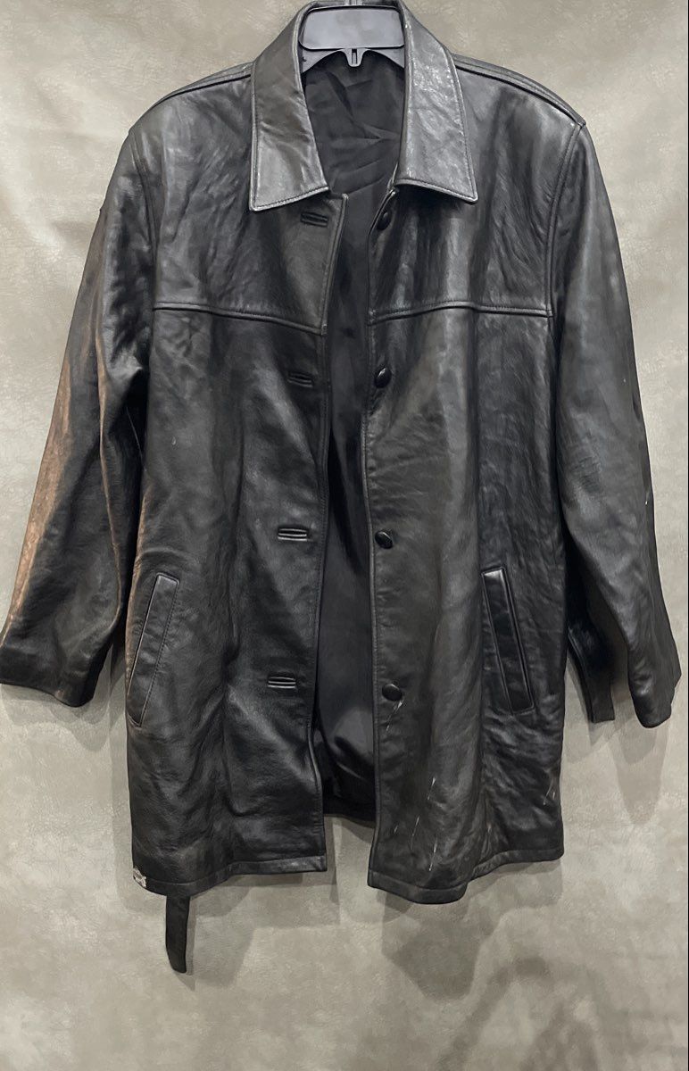 Vintage 90s Black Leather Car Coat Jacket Button Front Belted Back Mid Length