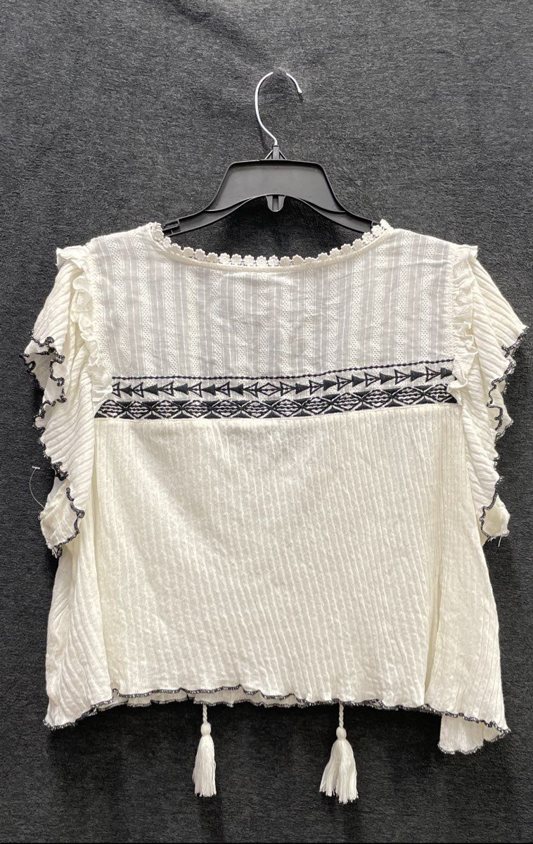 Free People Women's White Embroidered Tassel Tie Front Ruffle Top Sz M