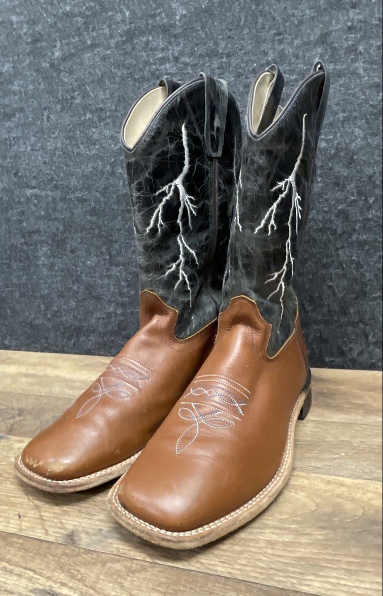 Western Lightning Bolt Square Toe Cowboy Boots Black Brown Leather Size 6D