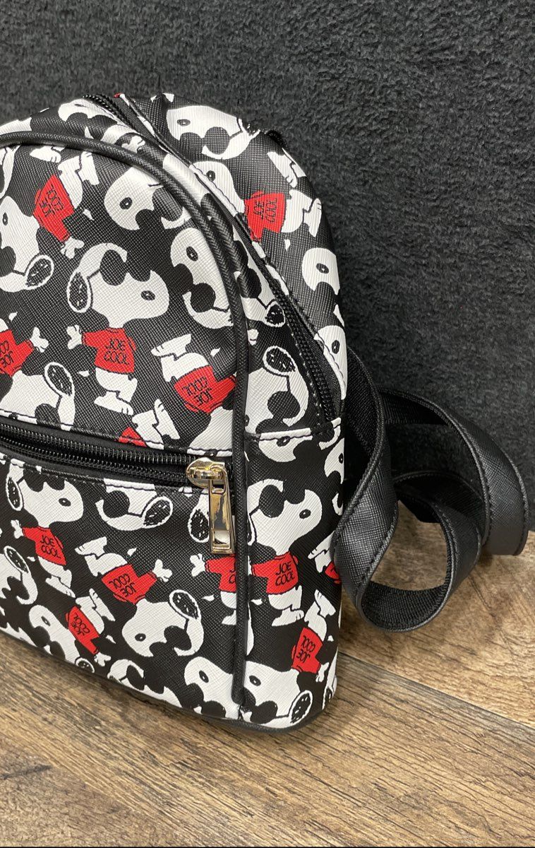 Peanuts Joe Cool Snoopy Mini Backpack Black Faux Leather Gold Tone Hardware
