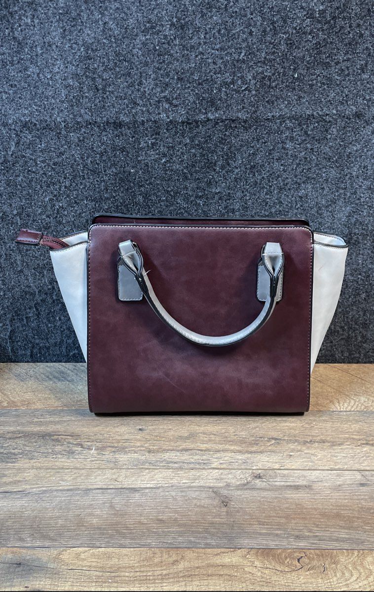 Adrienne Vittadini Burgundy Grey Cream Colorblock Satchel Handbag Large