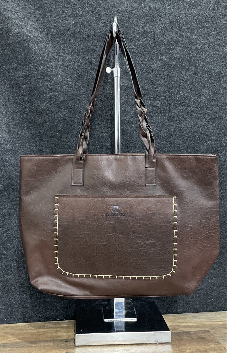 Weimeibaige Brown Leather Large Shopper Tote Bag Braided Handles Front Pocket