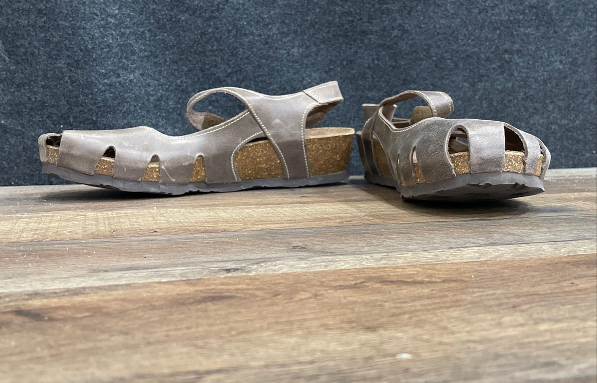 Sabatin Brown Leather Closed Toe Cork Wedge Mary Jane Slides Size 42