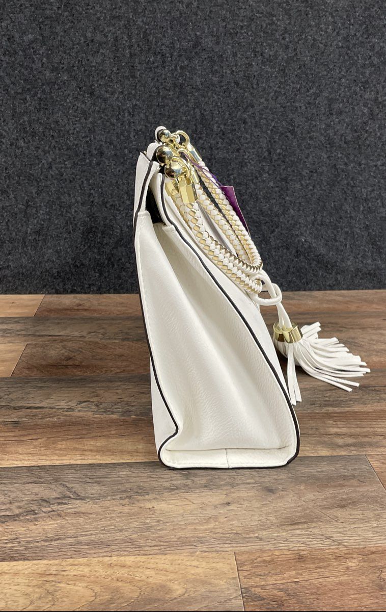 Carolyn Tucker White Pebbled Satchel Shoulder Bag Braided Handle Tassels NWT