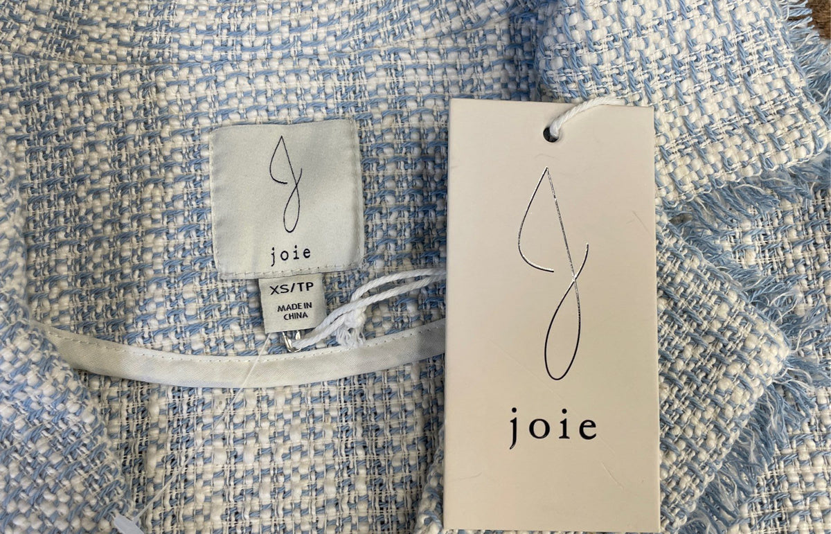 Joie Women's Tweed Short Sleeve Jacket Blue White Fringed Cotton Sz XS NWT