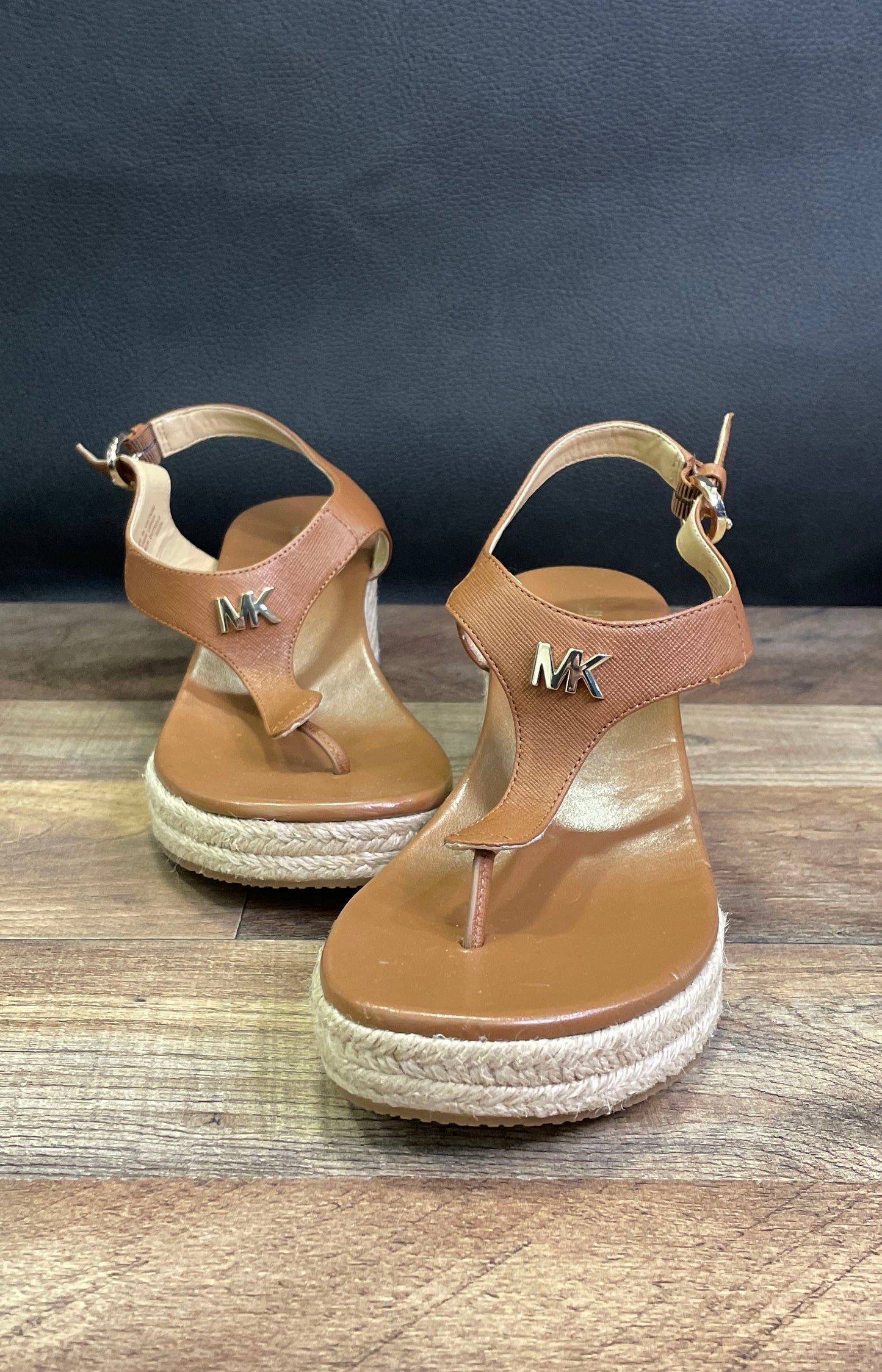Michael Kors Kendrick Luggage Brown Leather Espadrille Wedge Sandals Size 6.5M