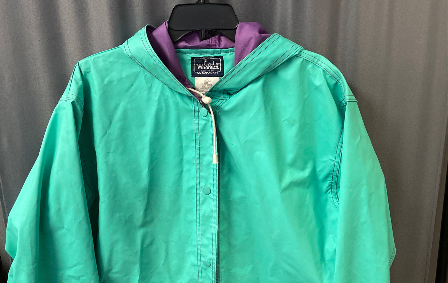 Vintage 90s Woolrich Women's Surf Green PVC Hooded Raincoat Jacket Purple Sz L