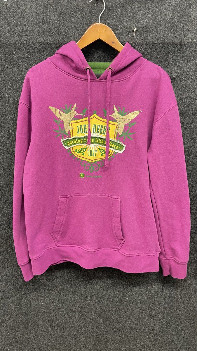 John Deere Women's Hoodie Magenta Pink Green Graphic Crest Pullover Sz L