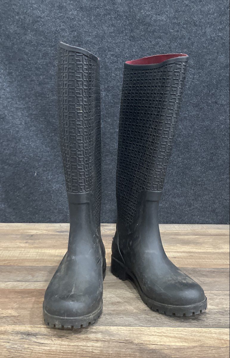 Tommy Hilfiger Wraindrop Black Monogram Knee High Rain Boots Women's Size L