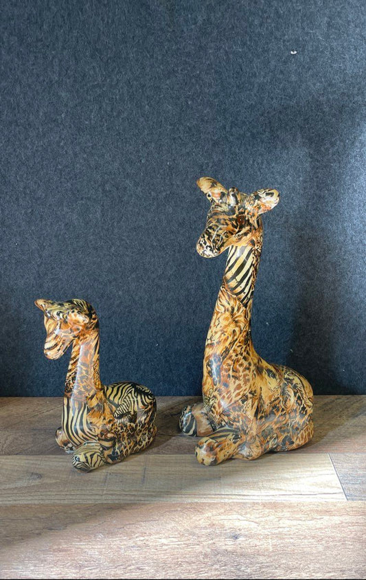 Vintage Giraffe Figurines Set of 2 Mixed Animal Print Ceramic Statues Decor