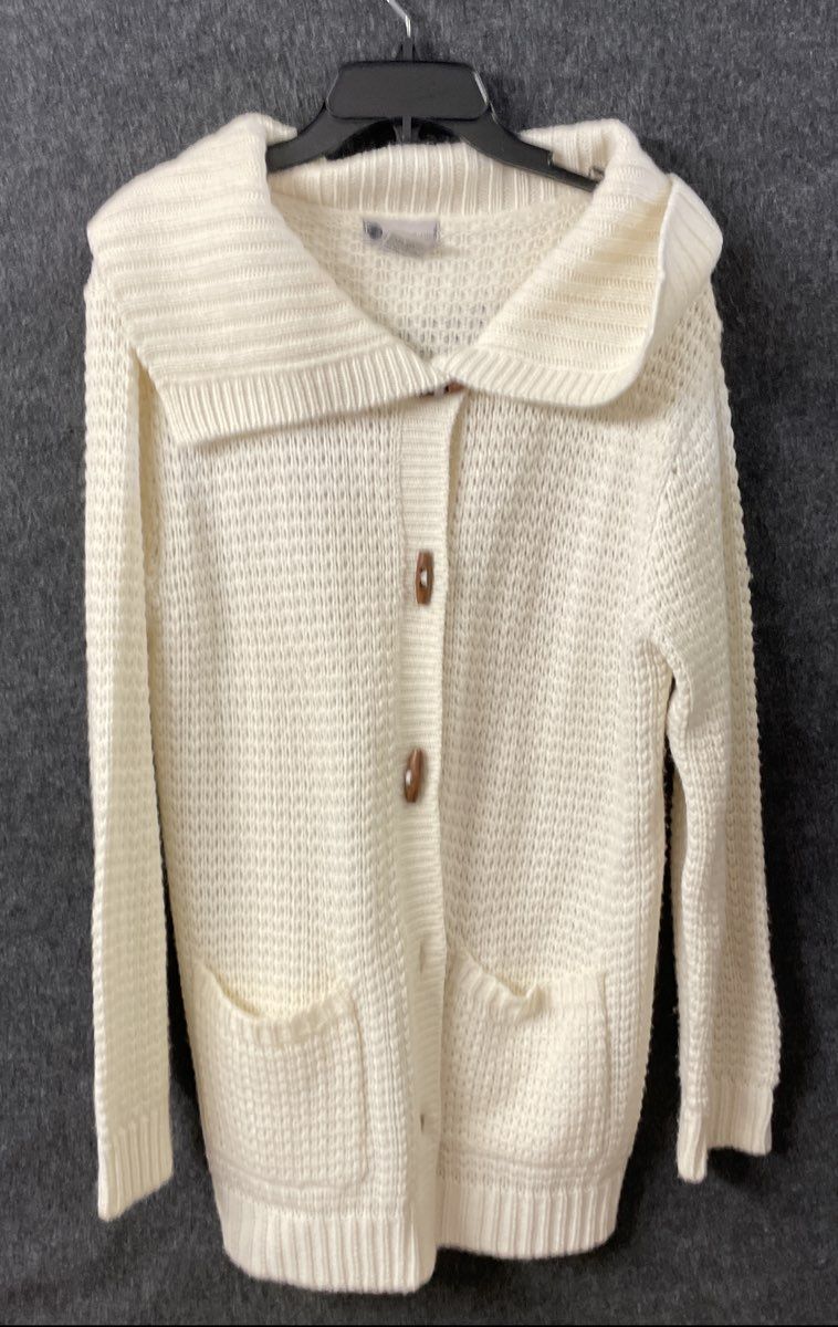 SweaterSource Women's White Textured Knit Cardigan Sweater Shawl Collar Sz L
