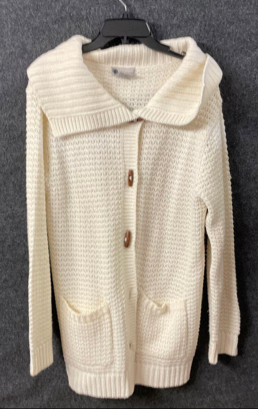 SweaterSource Women's White Textured Knit Cardigan Sweater Shawl Collar Sz L