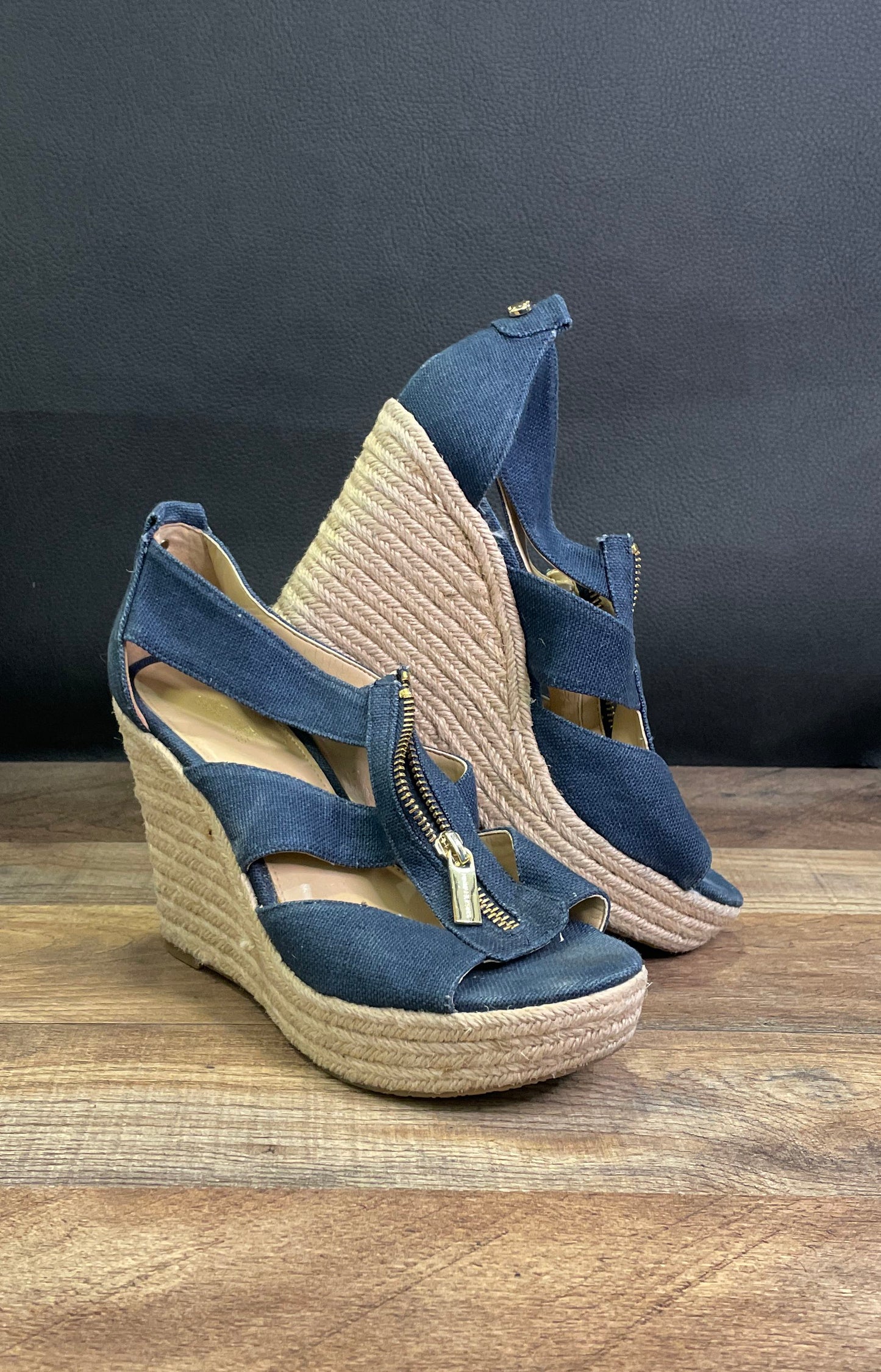 Michael Kors Damita Navy Blue Canvas Espadrille Wedge Sandals Women's Size 6.5M