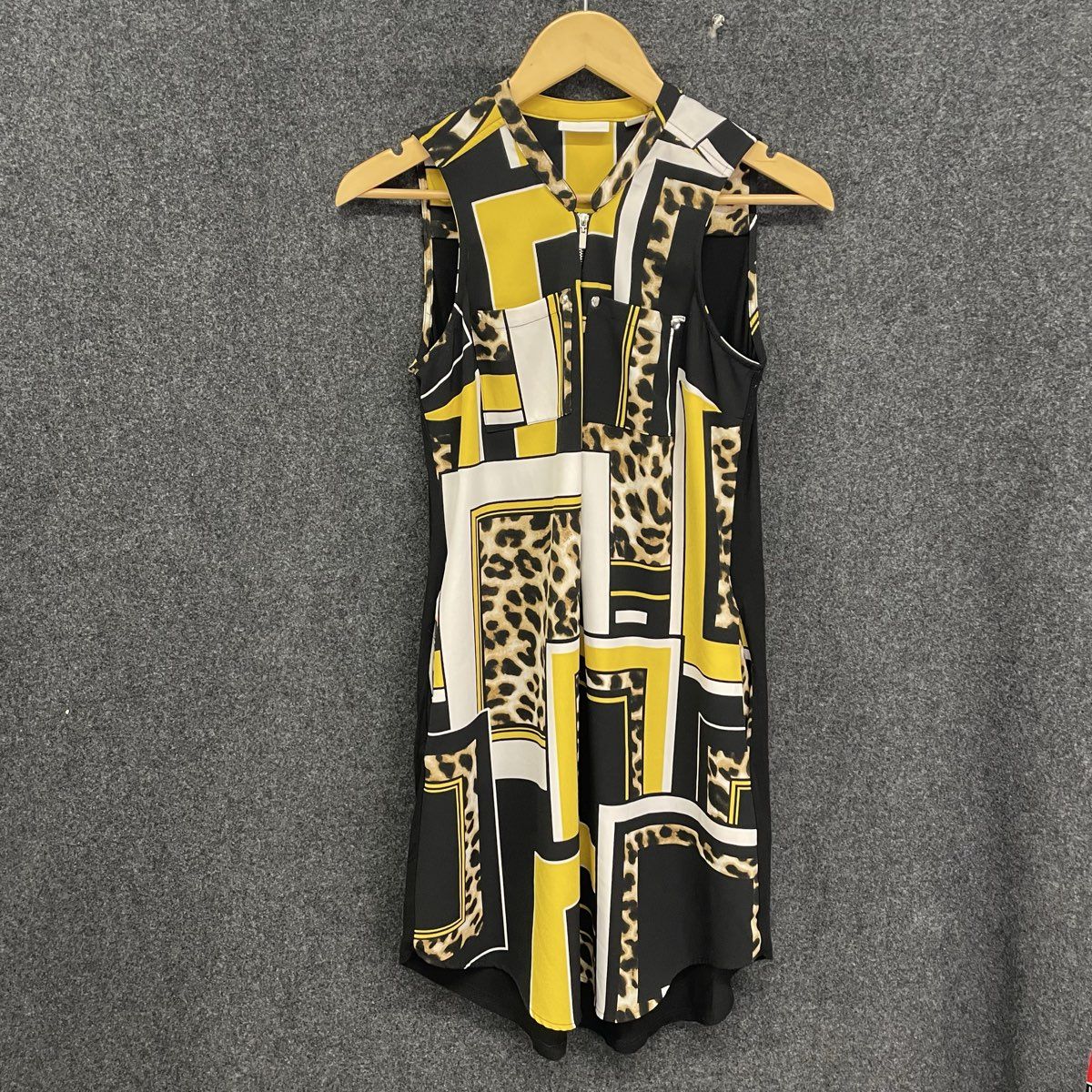 New York & Company Women's Sleeveless Dress Yellow Geometric Leopard Half Zip S