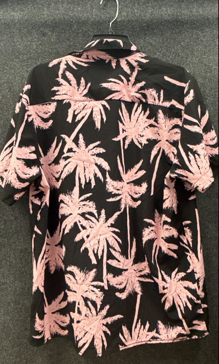 Drill Clothing Co Good Vibes Palm Tree Hawaiian Shirt Black Pink Tropical Sz XL