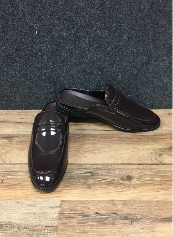 Dark Brown Patent Leather Penny Loafer Mules Backless Slip On Mens Size EU 43