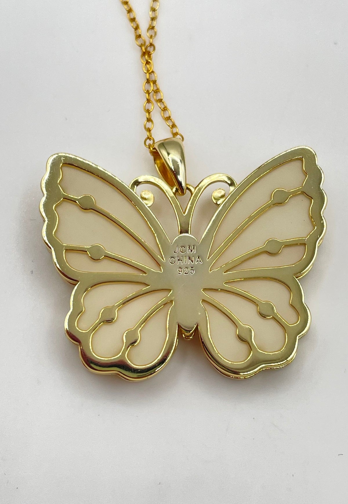 925 Sterling Silver Gold Tone Rhinestone Butterfly Pendant Necklace 7.8g