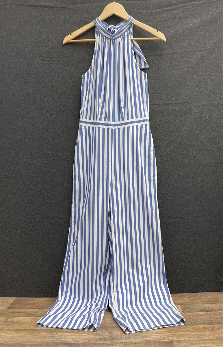 J.Crew Women's Blue White Striped Cotton Halter Neck Wide Leg Jumpsuit Size 00