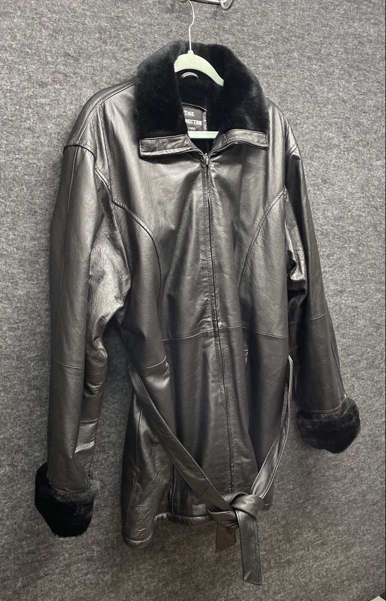 The Connection New York Women's Black Leather Faux Fur Trim Belted Jacket Sz L