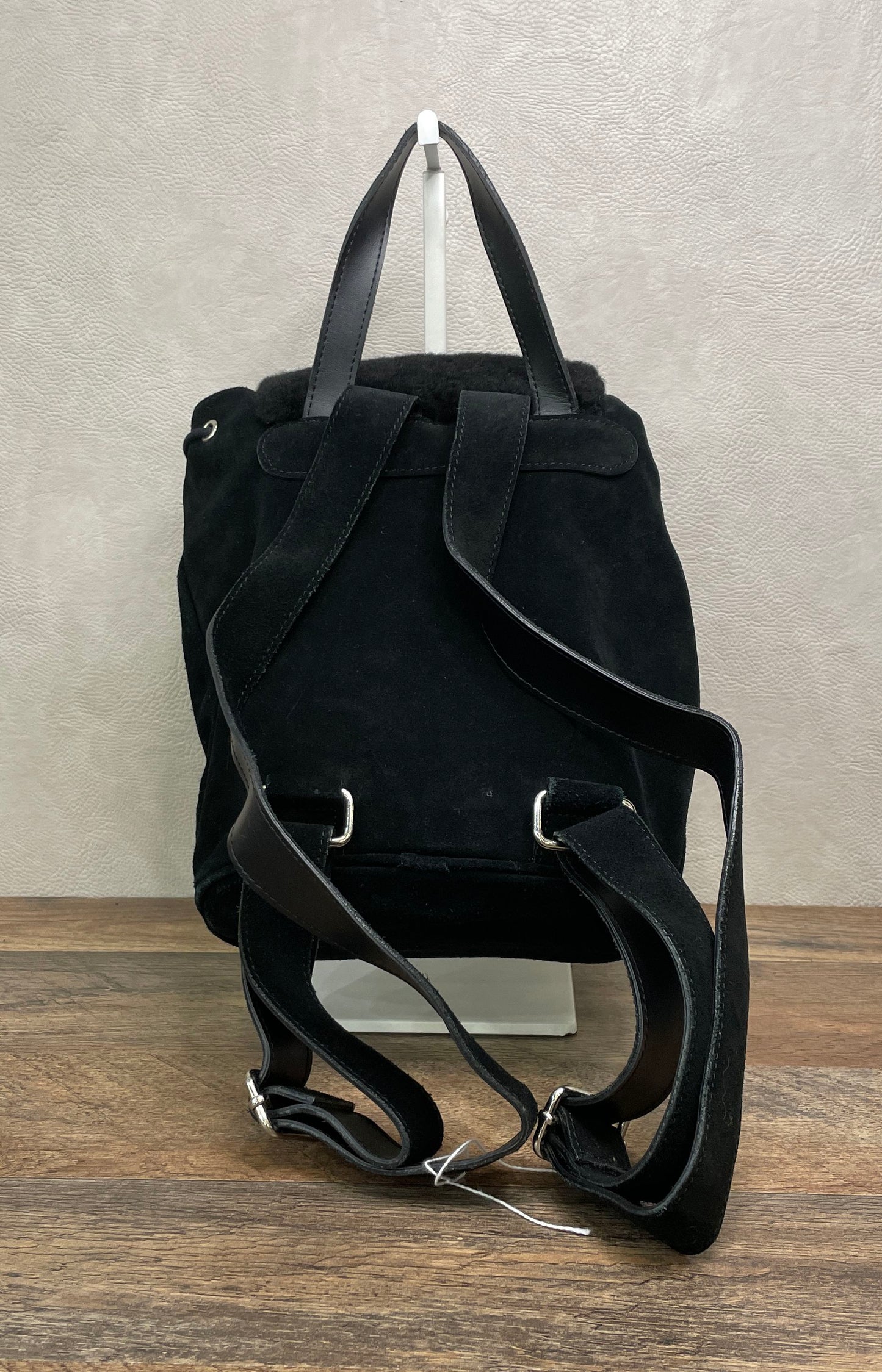 Vintage UGG Australia Black Suede Shearling Drawstring Backpack Silver Hdw