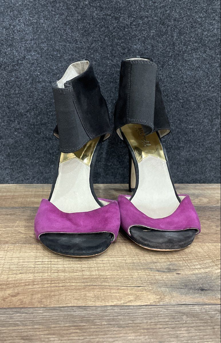 Michael Kors Suede Ankle Wrap Black Purple Stiletto Heels Women's Size 8M
