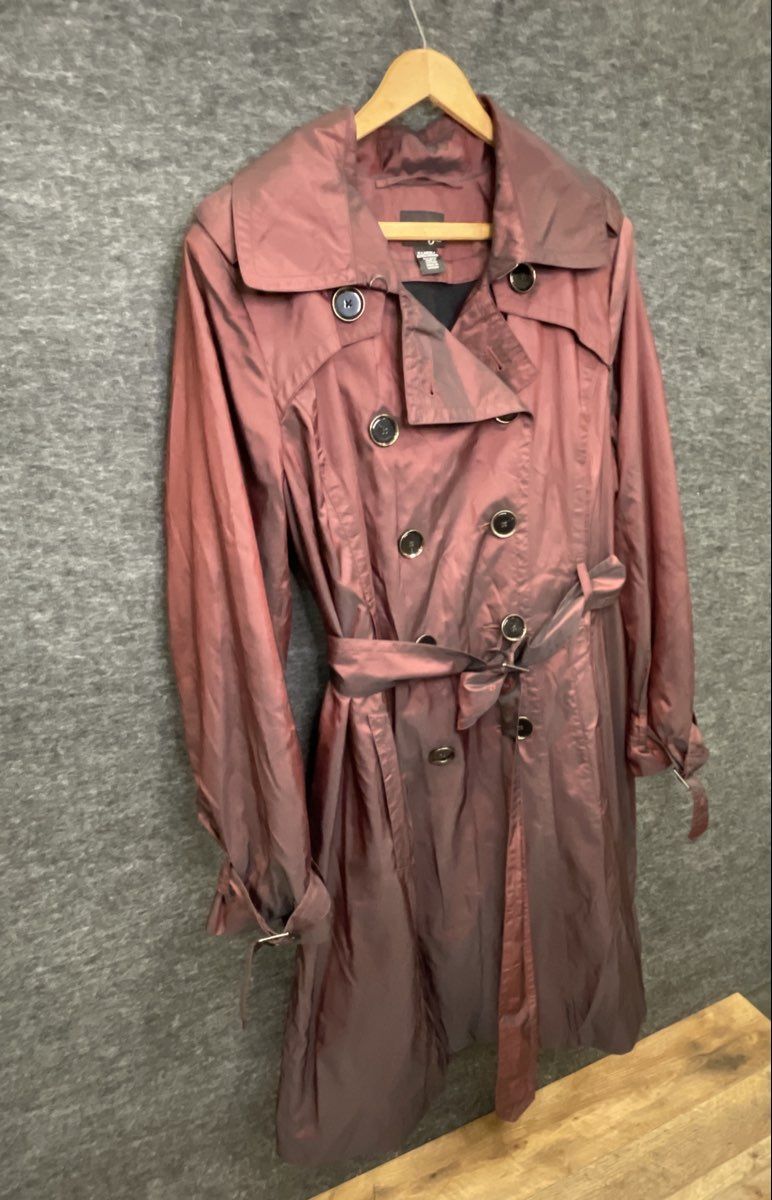 H&M Women's Purple Iridescent Double Breasted Belted Trench Coat Sz 8
