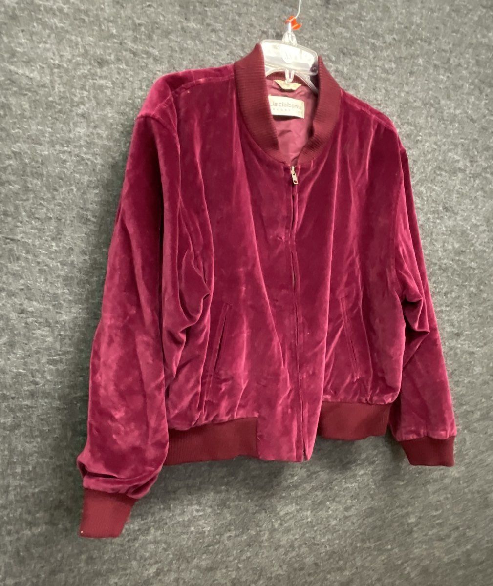 Vintage 90s Liz Claiborne Women's Burgundy Velour Bomber Zip Jacket Sz XS