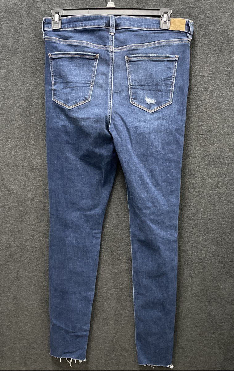 American Eagle Women's Blue High-Rise Jegging Distressed Raw Hem Sz 14 Long