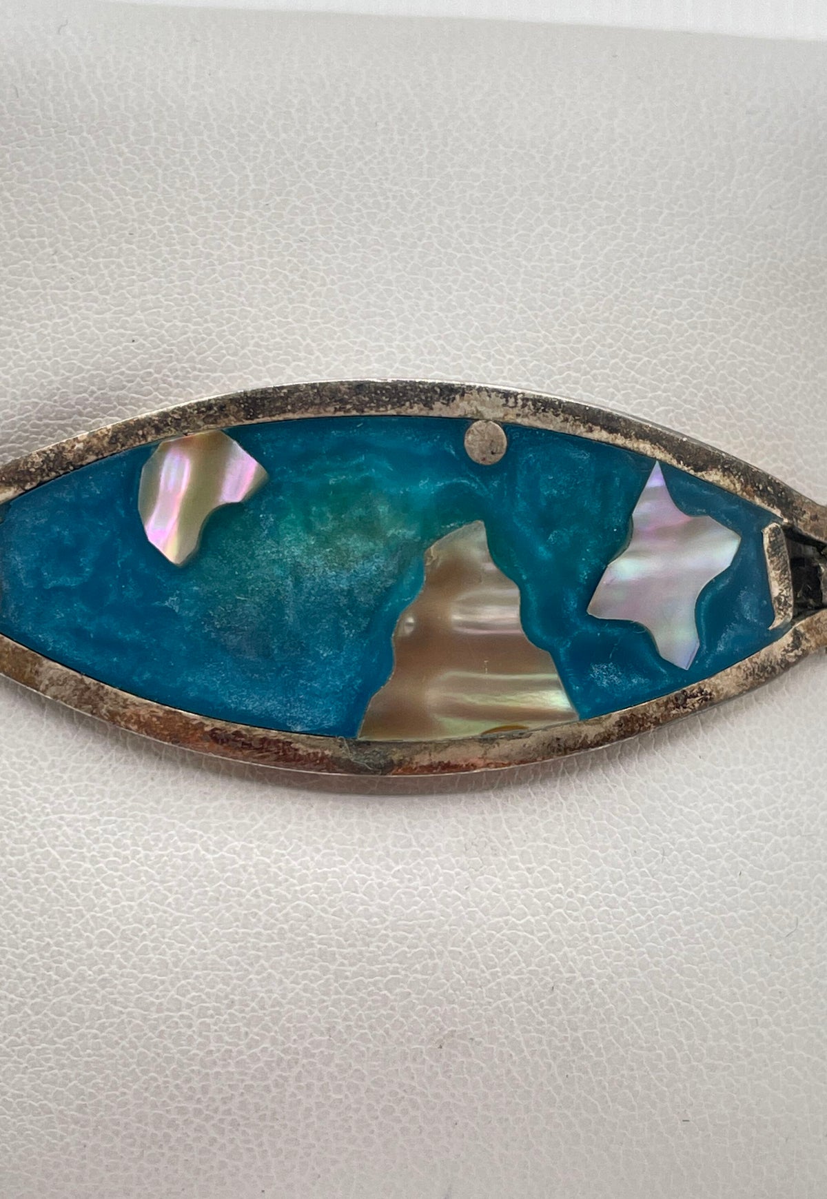 Alpaca Silver Mother Of Pearl Blue Resin Bangle Bracelet Mexico Marked 12.4g