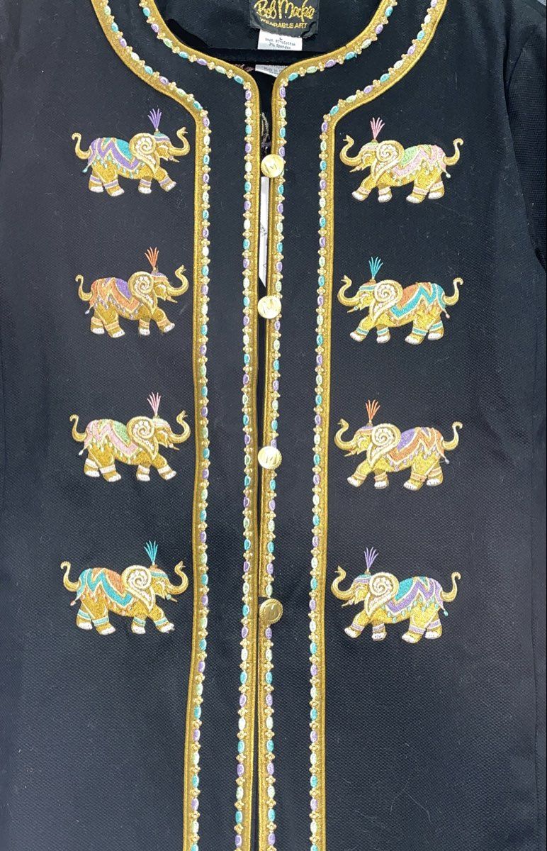 Vintage Bob Mackie Wearable Art Women's Black Embroidered Elephant Jacket Size S