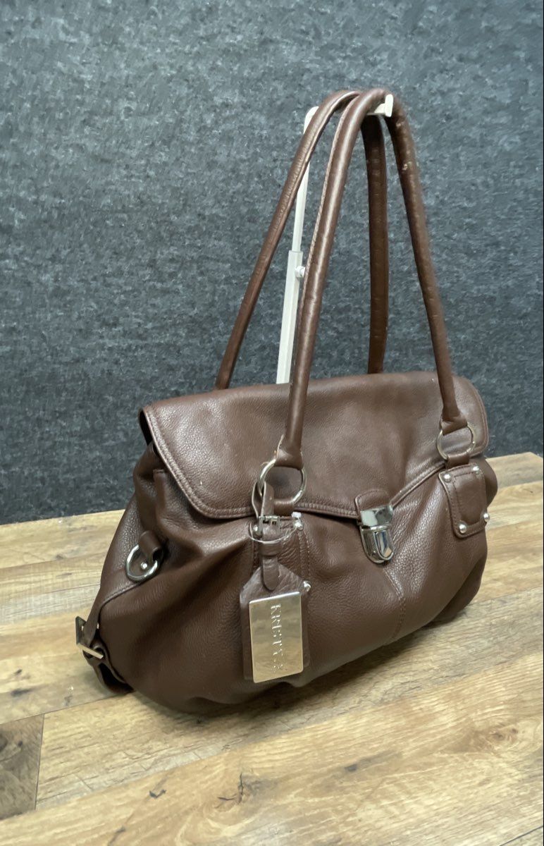 Kristy K Brown Pebbled Leather Satchel Shoulder Bag Silver Hardware
