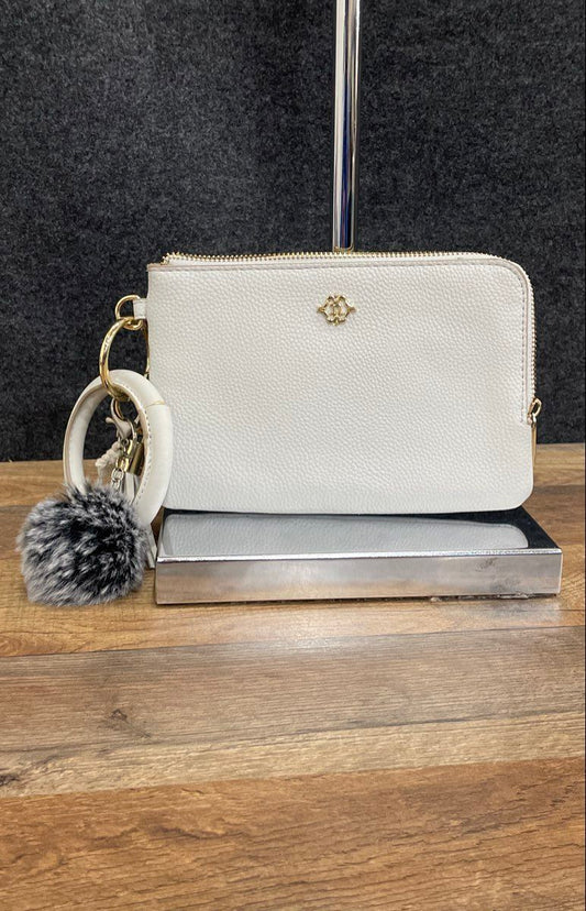 Nanette Lepore White Leather Wristlet Clutch Pouch Bangle Handle Pom Pom Tassel