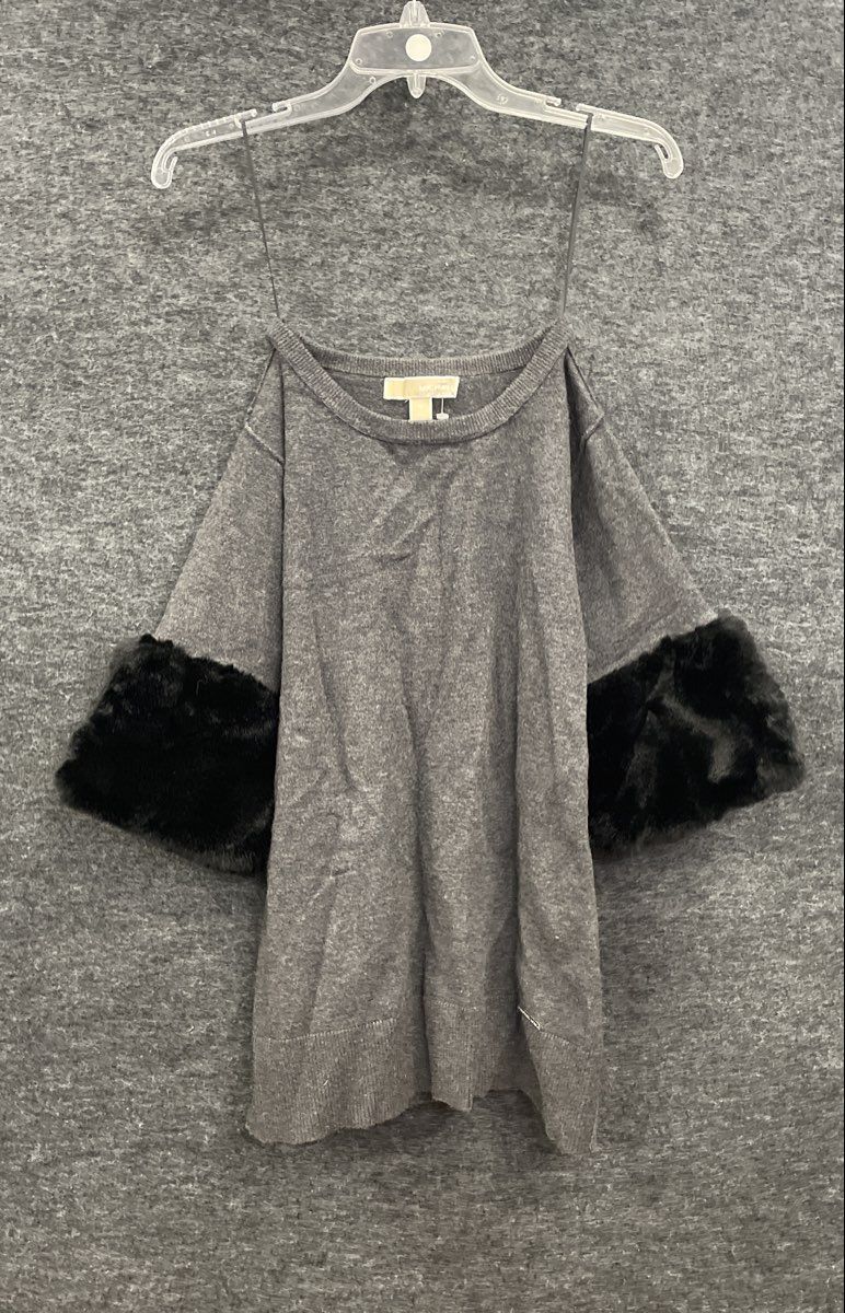Michael Kors Women's Gray Cold Shoulder Faux Fur Cuff Knit Sweater Sz M