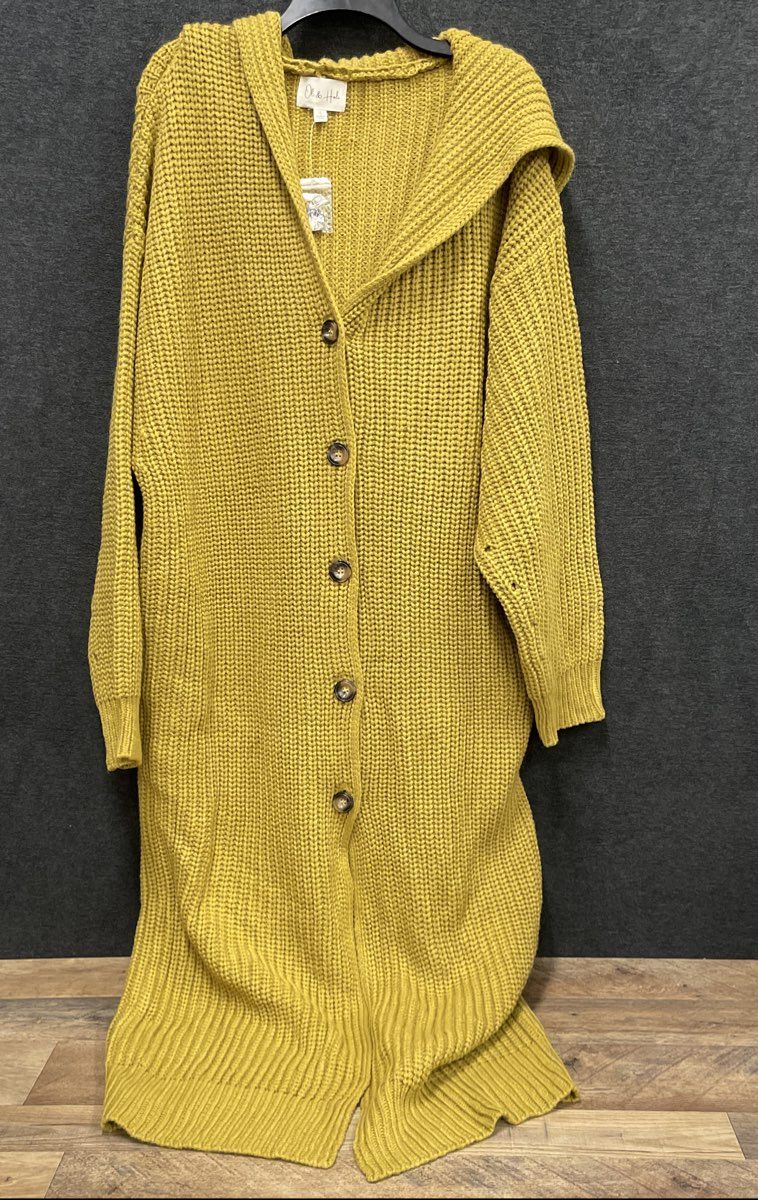 Oli & Hali Women's Mustard Yellow Chunky Knit Hooded Duster Sweater Sz L NWT